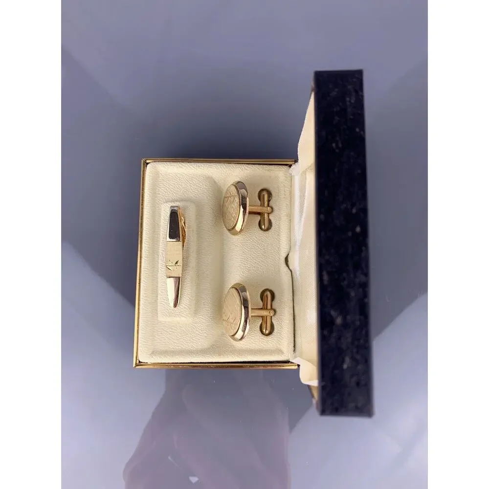 Vine Bamboo Gold Plated Cufflinks Tie Clip Etched Leaves Swank Vintage NOS